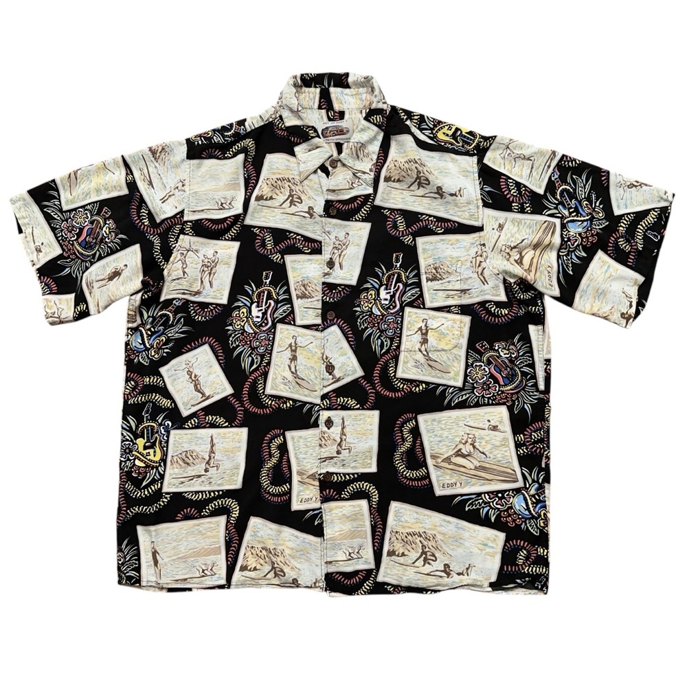 Reyn Spooner Shirt Mens M Short Sleeve Hawaiian Art of Eddy Y Spun Rayon Beige